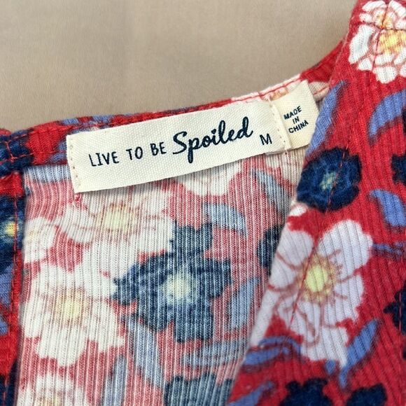 Spoiled szM red/blue flowered romper w/small opening in front & keyhole back GUC - Picture 3 of 11